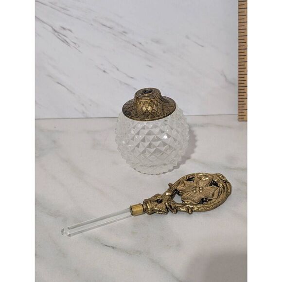Vintage Ormolou Diamond Point Crystal Marston Perfume Bottle Gilded Dauber Top - Picture 4 of 7